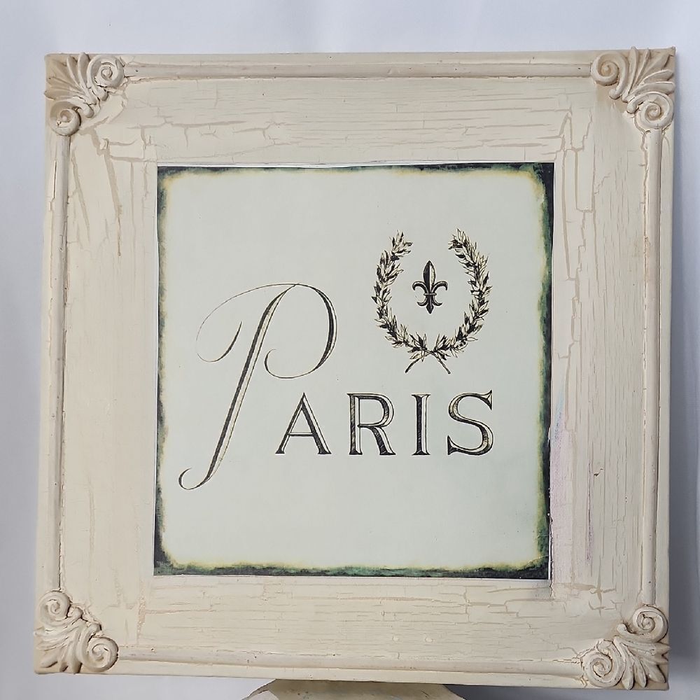 Vtg Bombay Co. Canvas 'Paris' With Fleur De Lis Crackle Aged